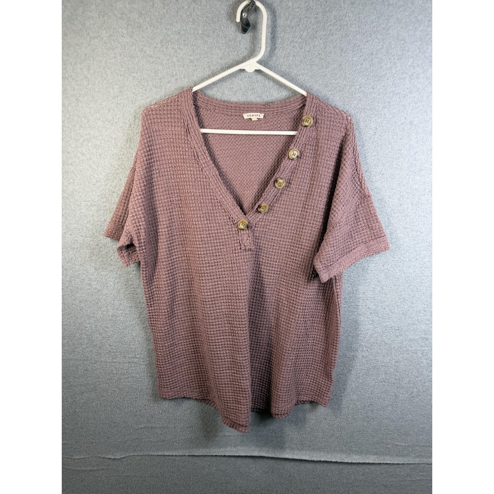 Jodifl Shirt Womens Medium Pink Waffle Knit Button V Neck Short Sleeve Top H8423
